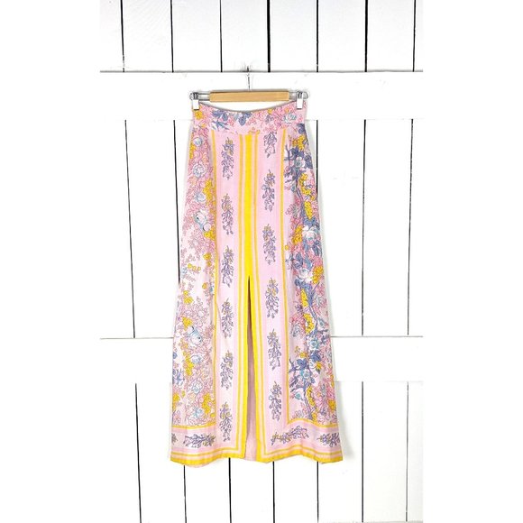 60s vintage pink yellow floral long aline front slit maxi skirt - Picture 1 of 5